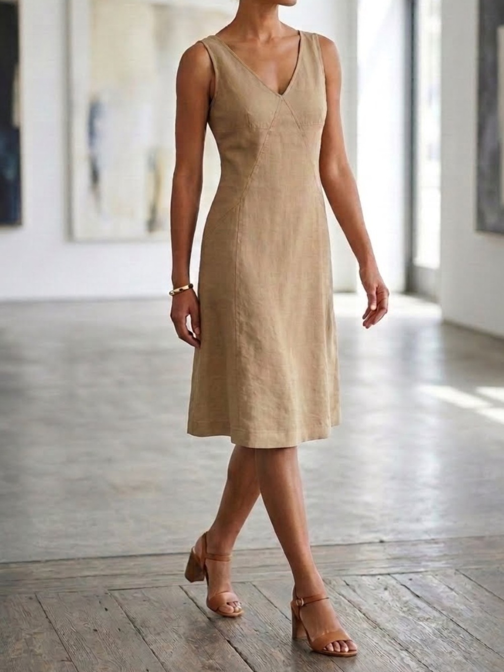 CAROLINA HERRERA Linen A-Line Dress Mid Length Tan Size 8